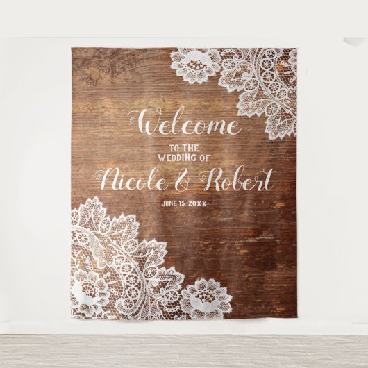 Rustikales Holz weiße Spitze Hochzeitsfoto Stand H Wandteppich (Vorderseite)
