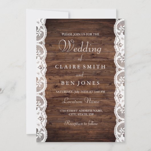 Rustikales Holz weiße Spitzen Einladung (Vorderseite)