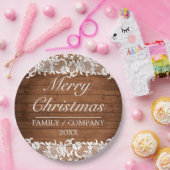 Rustikales Holz & weiße Spitzen Frohe Weihnachten Pappteller (Party)