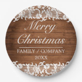 Rustikales Holz & weiße Spitzen Frohe Weihnachten Pappteller (Vorderseite)