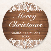 Rustikales Holz & weiße Spitzen Frohe Weihnachten Runder Pappuntersetzer (Vorderseite)