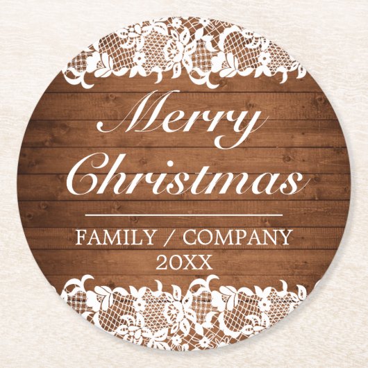 Rustikales Holz & weiße Spitzen Frohe Weihnachten Runder Pappuntersetzer (Vorderseite)