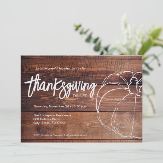 Rustikales Holz Weißer Kürbis Erntedank Abendessen Einladung (Stehend Vorderseite)
