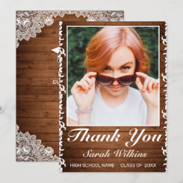 Rustikales Holz & Weißer Spitzen Abschluss Foto Vi Dankeskarte