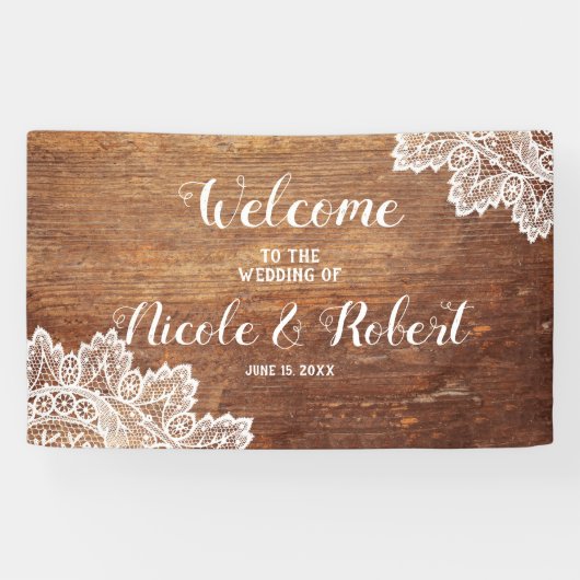 Rustikales Holz-Weißspitzen-Hochzeitsempfang Banner (Horizontal)
