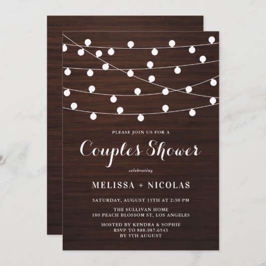 Rustikales Holz Whimsical String Lights Paare Dusc Einladung (Vorne/Hinten)