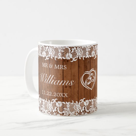 Rustikales Holz & White Lace Herzring Hochzeit Mr. Kaffeetasse (Vorderseite Links)