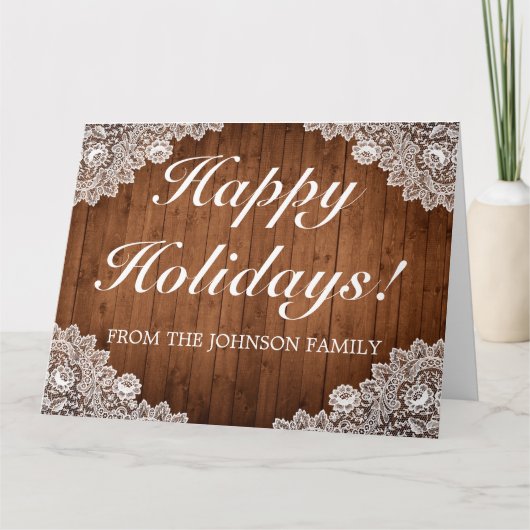 Rustikales Holz & White Lace Urlaub geklappt Gruß Karte (Vorderseite)