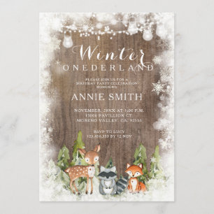 Rustikales Holz Winter Onederland Tiere Babydusche Einladung