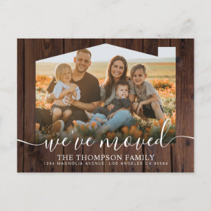 Rustikales Holz wir haben neue Zuhause-Foto bewegt Ankündigungspostkarte