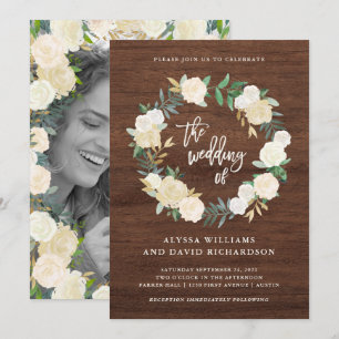 Rustikales Holz   Wreath Wedding mit Foto Back Einladung
