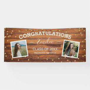 Rustikales Holz Zwei Fotos Gratulations-Abschluss Banner