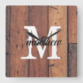 Rustikales Holzbauernhaus Brown Monogram Quadratische Wanduhr (Vorderseite)