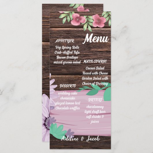 Rustikales Holzblumen-Drehbuch Hochzeitskarte Menükarte (Vorne/Hinten)