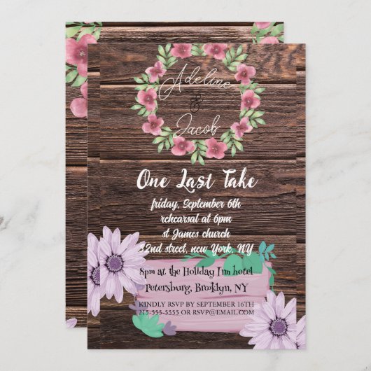 Rustikales Holzblumen Hochzeitstag Probe Abendkart Einladung (Vorne/Hinten)