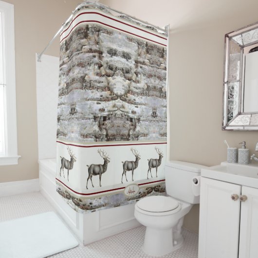 Rustikales Holzelch/ Rentier-Familie Monogramm, br Duschvorhang (Beispiel)