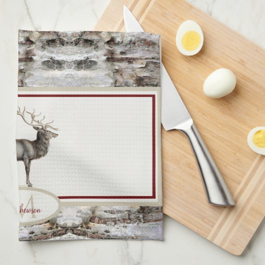 Rustikales Holzelch/ Rentier-Familie Monogramm, br Geschirrtuch (Viertel Falte)