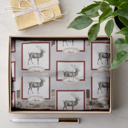 Rustikales Holzelch/ Rentier-Familie Monogramm, br Seidenpapier (Geschenk)