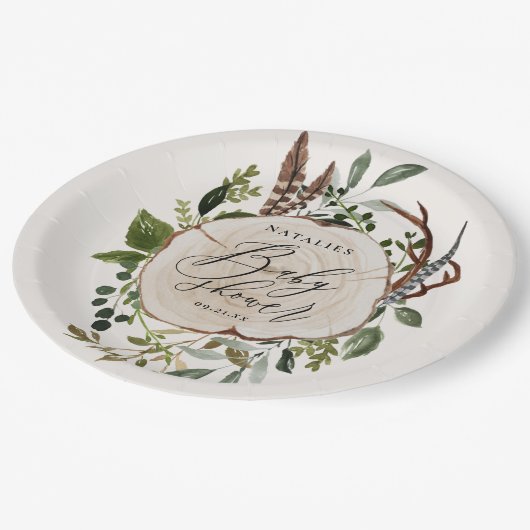 Rustikales hölzernes Scheibebabyduschen-Party Pappteller (Schrägansicht)