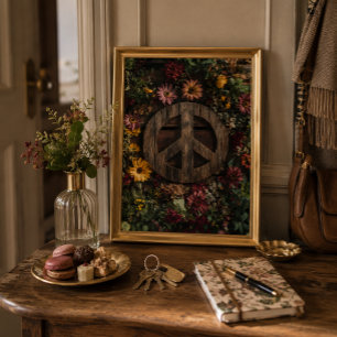 Rustikales Holzes-Friedenszeichen mit Wildblumen Poster