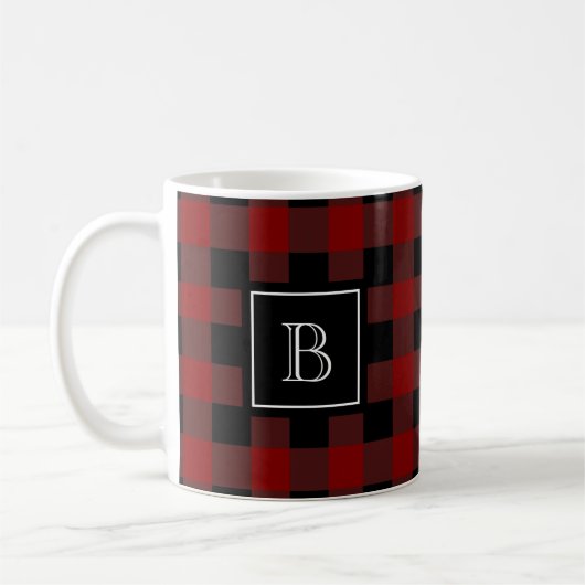 Rustikales Holzfäller-Karo-Muster Monogramm Anfang Kaffeetasse (Links)