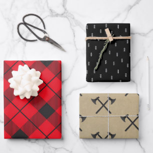Rustikales Holzfäller-Karo   Weihnachtsbaum & Äxte Geschenkpapier Set