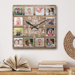 Rustikales Holzfamilienzeitangebot 12 FotoCollage Quadratische Wanduhr<br><div class="desc">Rustikale Holzuhr mit inspirierend Familienausdruck "Zeit mit der Familie ist jede Sekunde wert". Personalisieren Sie Ihre Lieblingsbilder mit 12 Familienbildern.</div>