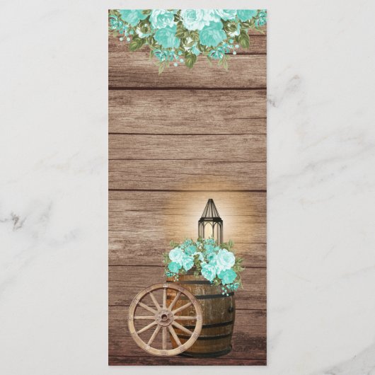 Rustikales Holzfass - Aquamarines Blumenmenü Menükarte (Rückseite)