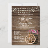 Rustikales Holzfass-Hochzeit mit rosa, floraler Fa Einladung (Vorderseite)