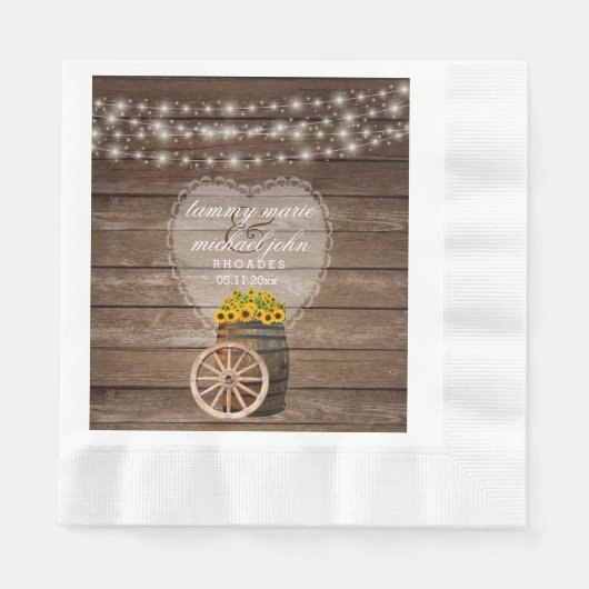 Rustikales Holzfass Hochzeit mit Sonnenblumen Serviette (Vorderseite)