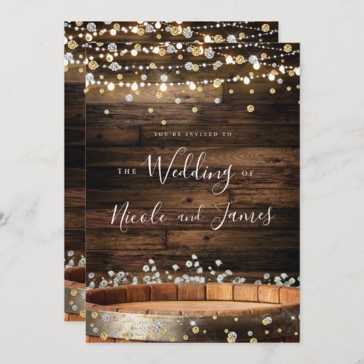 Rustikales Holzfass & Licht Moderne gläserne Hochz Einladung (Vorne/Hinten)