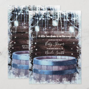 Rustikales Holzfass & Lichter Winter-Baby-Party Einladung