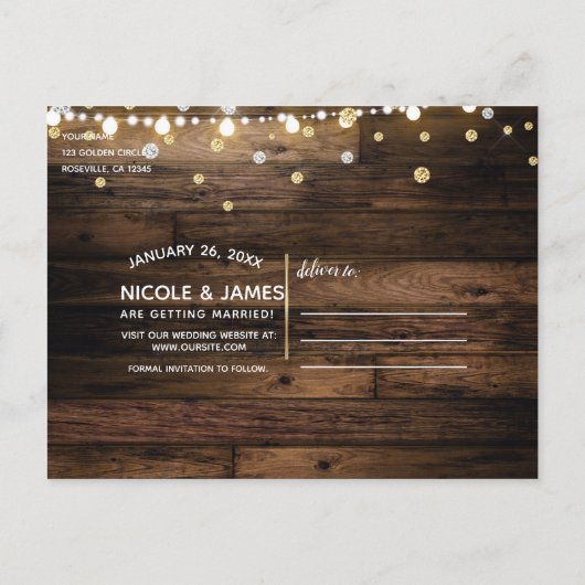 Rustikales Holzfass Lights Champagne Save the Date Ankündigungspostkarte (Rückseite)