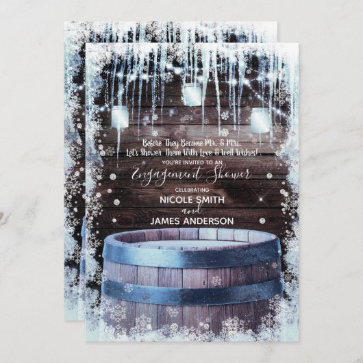 Rustikales Holzfass & Lights Winterstall Verlobung Einladung (Vorne/Hinten)