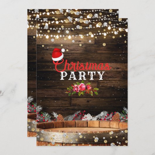 Rustikales Holzfass strahlt Winter florale Weihnac Einladung (Vorne/Hinten)