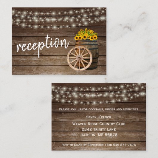 Rustikales Holzfass und Sonnenblumen - Empfang Begleitkarte (Vorne/Hinten)