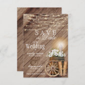 Rustikales Holzfass und Streichelampen Save The Date (Vorne/Hinten)