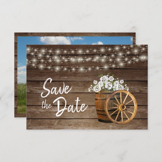 Rustikales Holzfass Weiße Blume - Save the Date (Vorne/Hinten)