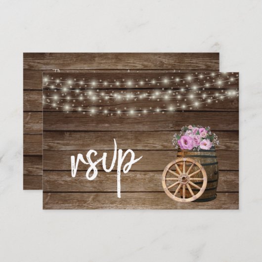 Rustikales Holzfässchen und rosa Blüten - UAWG RSVP Karte (Vorne/Hinten)