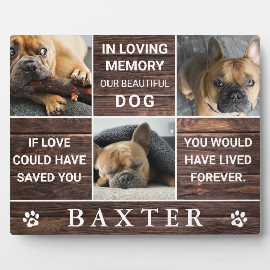 Rustikales Holzfoto-Collage Memorial Pet Keepake Fotoplatte (Vorderseite)