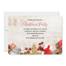 Rustikales Holzfoto mit Weihnachtsartikeln Party