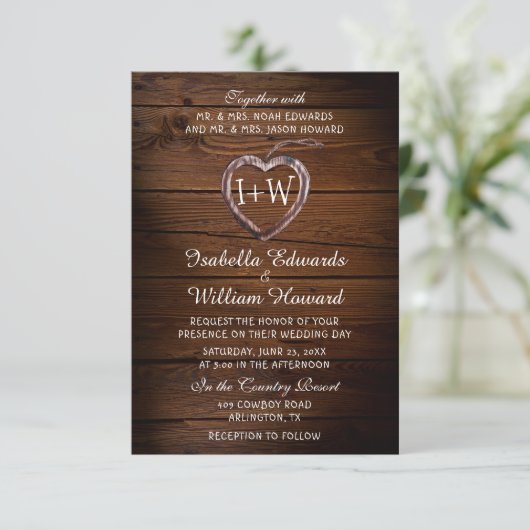 Rustikales Holzherz Einladung (Stehend Vorderseite)