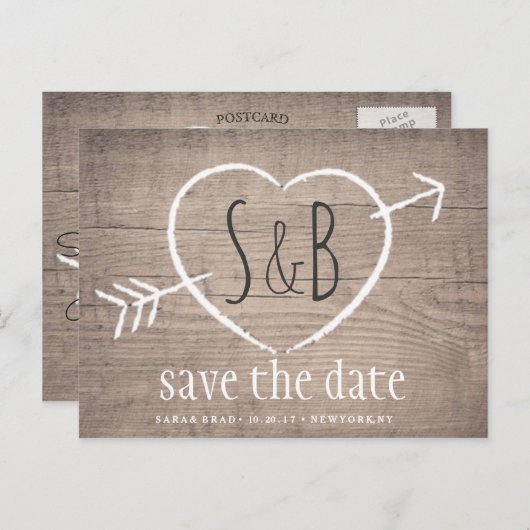 Rustikales Holzherz Elegant SAVE THE DATE Postkart Ankündigungspostkarte (Vorne/Hinten)