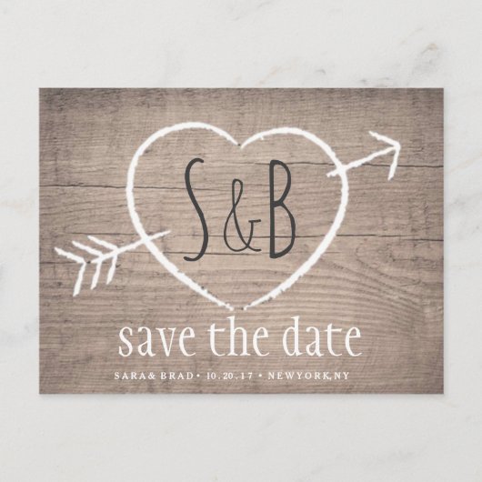 Rustikales Holzherz Elegant SAVE THE DATE Postkart Ankündigungspostkarte (Vorderseite)