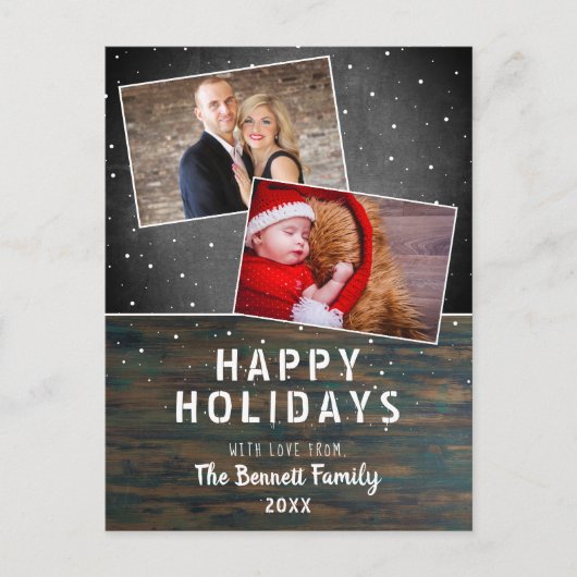 Rustikales Holzkhalkboard Schnee 2 Foto Weihnachte Postkarte (Vorderseite)