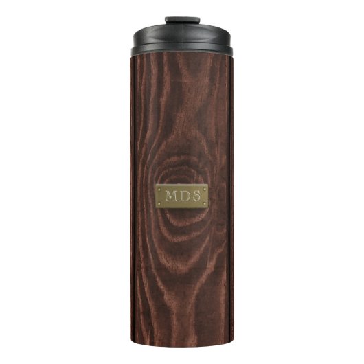 Rustikales Holzkörnchen Mit Monogramm Camping Thermosbecher (Vorderseite)