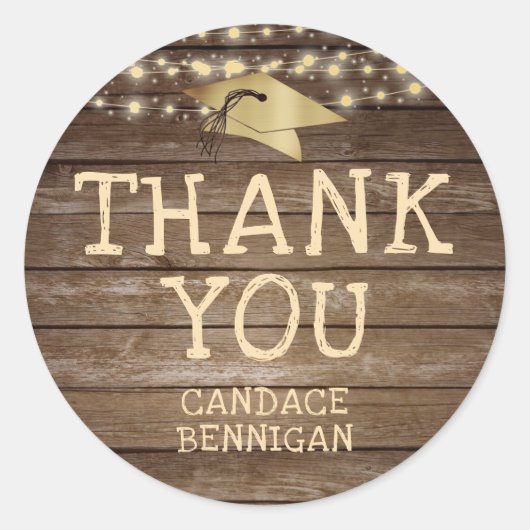 Rustikales Holzleuchten Graduierungspapier DANK Runder Aufkleber (Vorderseite)