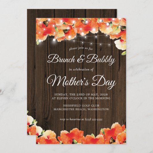 Rustikales Holzleuchten Mohnmütter-Tag Brunch Einladung (Vorne/Hinten)