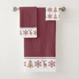 Rustikales Holzmuster Maroon Tan Weihnachten Badhandtuch Set