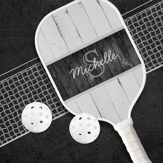 Rustikales Holzpaddel, weißes Schwarzes Monogramm Pickleball Schläger
